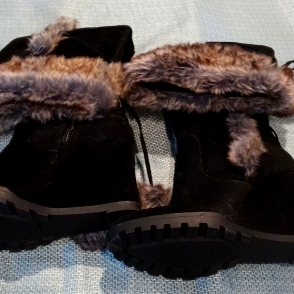Just fab knee high stack heel fur boots